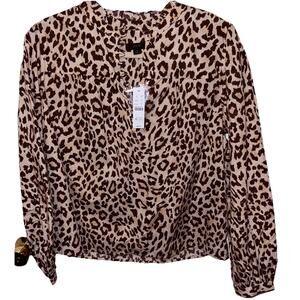 J Crew Top Small Womens Ruffle Button Pull Animal Print Cotton Woven Blouse NWT